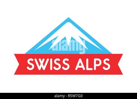 Schweizer Alpen logo Illustration, Vektor Emblem von Berg mit Band und Beschriftung - Abzeichen auf weissem Hintergrund. Stock Vektor