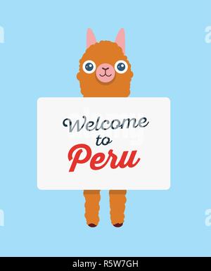 Alpaka lama Holding Plakat mit Einladung, Willkommen in Peru - Vektor niedliche Grafik Banner für Touristen in Peru. Stock Vektor