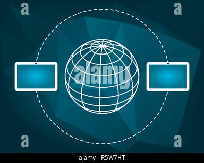Zwei weiße Tabletten wireless rund um einen Globus auf einem blauen Low Poly Hintergrund kommunizieren. Global Connection, drahtlose Kommunikation, Daten übertragen, Konzept Stock Vektor