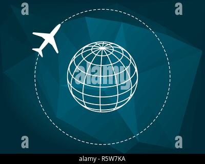 Ein weißes Flugzeug fliegt rund um den Globus als Drahtmodell Bereich vertreten. Reisen, Intercontinental und internationale Verbindung, global village Stock Vektor