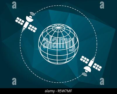 Zwei weiße Satelliten umkreisen die Erde dargestellt als ein drahtmodell Kugel auf einem blauen Low Poly Hintergrund. Die globale Kommunikation, drahtlose Kommunikation, Stock Vektor
