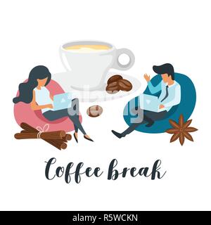 Kaffeepause Konzept mit Geschäft Leute arbeiten mit Laptop und sitzen auf Bean Bag. Social Networking Konzept. Moderne Büro Abbildung. Minimali Stock Vektor