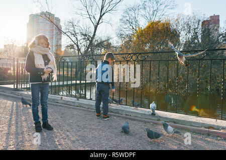 Kinder füttern Sie die Vögel im Park, den kleinen Jungen und Mädchen füttern Tauben, Spatzen und Enten im Teich, sonnigen Tag im Herbst Park, goldenen Stunde. Stockfoto