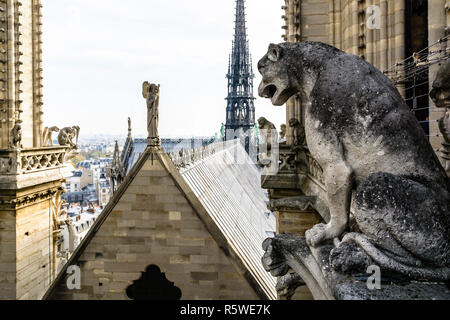 Statuen von Chimären mit Blick auf die Dachterrasse und der Turm der Kathedrale Notre-Dame de Paris von den Türmen Galerie mit der Stadt verschwinden in der mi Stockfoto