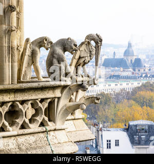 Drei Statuen von Chimären auf die Türme der Kathedrale Notre-Dame de Paris mit Blick auf die Stadt und die Kirche von Saint-Paul-Saint-Louis Stockfoto