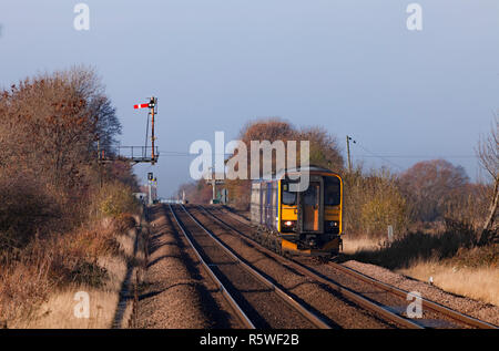 2 Arriva Bahn Northern Klasse 155 Sprinter Zug passiert die Semaphore Halterung Signale an Broomfleet auf der Gilberdyke nach Hull Bahnstrecke Stockfoto