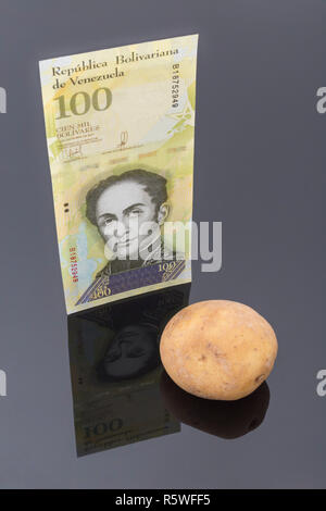 Hyperinflation Konzept - Venezolanische Bolivar Fuerte (Typ) mit dem Essen los (Kartoffel) - Metapher eine galoppierende Inflation in Venezuela & Geld wertlos. Stockfoto