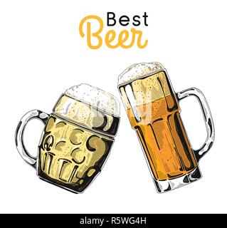 Zwei Gläser mit Bier auf einem weißen Hintergrund. Vector Illustration in Skizze Stil. Stock Vektor