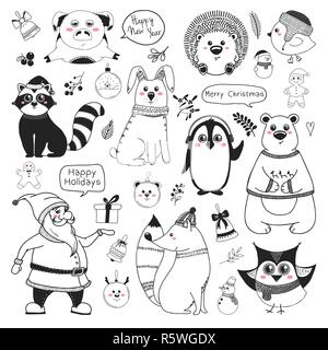 Satz von Tieren und verschiedenen Weihnachten Elemente. Unterschiedliche Grußansagen. Vector Illustration in Skizze Stil. Stock Vektor