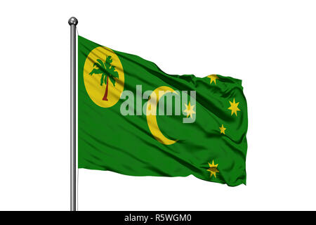 Flagge von Cocos Inseln im Wind gegen den tiefblauen Himmel. Keeling Islands Flagge. Stockfoto