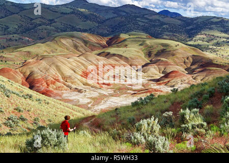 42,887.03109 Frau in ihrem 70s Wandern eine Spur in der Rollenden roten Sand sagebrush Painted Hills trockene Landschaft, Wacholder in ariden Oregon High Desert