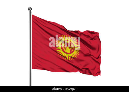 Flagge von Kyrgyzstan winken im Wind, isolierten weißen Hintergrund. Kirgisische Flagge. Stockfoto