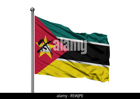 Flagge Mosambik winken im Wind, isolierten weißen Hintergrund. Mosambikanische Fahne. Stockfoto