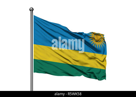 Flagge Ruanda winken im Wind, isolierten weißen Hintergrund. Ruandische Fahne. Stockfoto