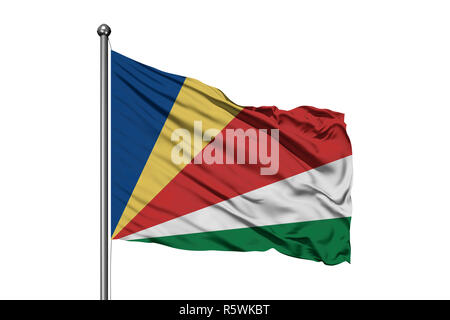 Flagge Seychellen winken im Wind, isolierten weißen Hintergrund. Seychellois Flagge. Stockfoto