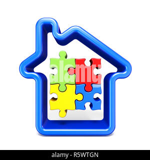 Blue House Umrisse mit Jigsaw Puzzles 3D Rendering Illustration auf weißem Hintergrund Stockfoto