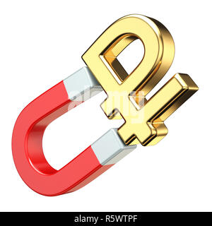 Gold rubel Währung Zeichen auf Rot Magnet 3D Rendering Illustration auf weißem Hintergrund Stockfoto