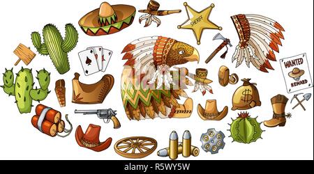 Vektor Hand gezeichnet Wilder Westen Indianer Elemente Sticker Set Abbildung Stock Vektor