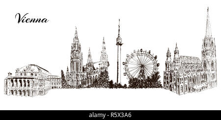 Satz von Vienna Symbole Silhuettes. CityLine. Donauturm, Stephansdom, Rathaus, Prater, Wien Staatsoper. Stockfoto