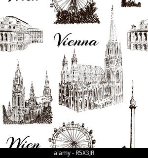 Satz von Wien Symbole nahtlose Muster Vektor einrichten. Donauturm, Burgtheater, Rathaus, Prater, Wiener Staatsoper. Stockfoto