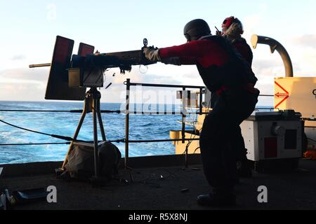 Pazifik (14. April 2017) Die Gunner Mate 3. Klasse Travis Chinery und Gunner Mate 3. Klasse Jordanien Montesano Feuer eine .50 Kaliber Gewehr während einer Besatzung - Serviert Gewehr schießen auf der fantail der Flugzeugträger USS Theodore Roosevelt (CVN 71). Theodore Roosevelt ist unterwegs durch eine maßgeschneiderte Schiff training Verfügbarkeit vor der Küste von Südkalifornien. Stockfoto