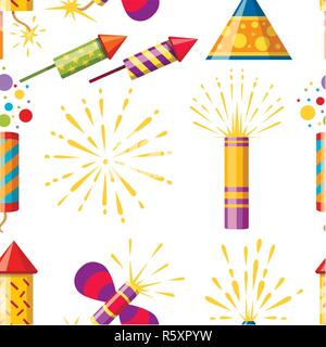 Nahtlose Muster. Sammlung von feuerwerkskörper. Pyrotechnische bunte Icon Set. Feuerwerk für Silvester feiern. Flache Vector Illustration auf weißen Hinterg Stock Vektor