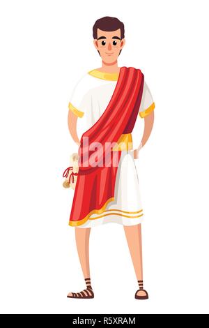 Römischer Senator oder Bürger. Cartoon Character Design. SPQR, Mann mit Schriftrollen. Flache Vector Illustration auf weißem Hintergrund. Stock Vektor