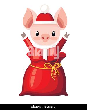 Nettes Schwein in Weihnachten Santa Kostüm. Cartoon Character Design. Kleines Schwein springt aus der Tüte. Rosa Tier Maskottchen. Flache Vektor-illustration Isola Stock Vektor