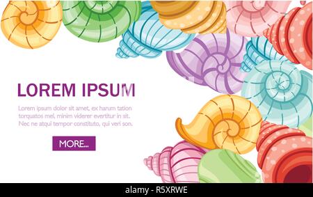 Bunte Reihe von Schnecken, Muscheln. Verschiedene Formen und Farben. Archäologische Funde. Flache Vector Illustration auf weißem Hintergrund. Für Text, Web si Stock Vektor