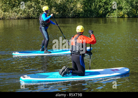 Menschen paddleboarding auf der Themse in der Nähe von Medmenham, Buckinghamshire, England Vereinigtes Königreich Großbritannien Stockfoto