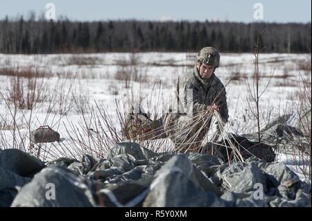 Spc. Daniel Acevedo, ein Eingeborener von Perris, Calif., auf das erste Bataillon zugeordnet, 501 Fallschirm Infanterie Regiment, 4 Infantry Brigade Combat Team (Airborne), 25 Infanterie Division, U.S. Army Alaska, sein Fallschirm erholen während der Durchführung airborne Ausbildung auf malemute Drop Zone auf einer gemeinsamen Basis Elmendorf-Richardson, Alaska, 13. April 2017. Die Soldaten der 4/25 gehören zu den nur American Airborne Brigade im Pazifik und sind geschult in der Luft Manöver bei extrem kalten Wetterbedingungen/Höhe Umgebungen zur Unterstützung der Bekämpfung, Partnerschaft und Katastrophenhilfe Operationen auszuführen. Stockfoto