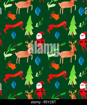 Weihnachten Aquarell schöne nahtlose Muster mit Santa, Hirsche, Bänder, Glocken und Baum. Frohes Neues Jahr eingerichtet. Urlaub dekorative Drucke für Textilien Stockfoto