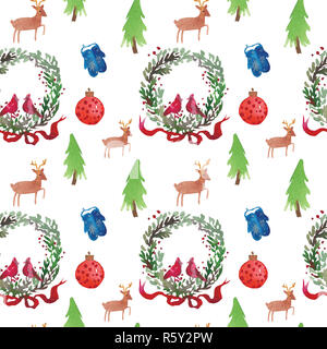 Weihnachten Aquarell schöne nahtlose Muster mit Santa, Hirsche, Bänder, Glocken und Baum. Frohes Neues Jahr eingerichtet. Urlaub dekorative Drucke Textilien Stockfoto