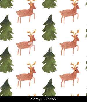 Weihnachten Aquarell schöne nahtlose Muster mit Santa, Hirsche, Bänder, Glocken und Baum. Frohes Neues Jahr eingerichtet. Urlaub dekorative Drucke für Textilien Stockfoto