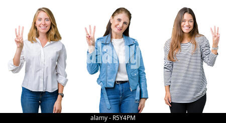 Collage der Gruppe von drei schöne Frauen über Weiß isoliert Hintergrund angezeigt und zeigen mit den Fingern Nummer drei, während lächelte zuversichtlich und Stockfoto