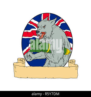 Grauer Wolf holding Bomb Union Jack Zeichnung Stockfoto