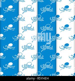 Satz 4 Vector nahtlose Muster mit Kraken. Meer Einwohner. Tiere unter Wasser. Design für die Verpackung, Stoff, marine Hintergrund drucken. Stock Vektor