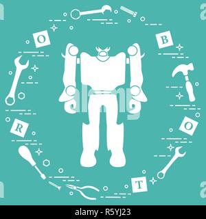 Roboter, Würfel mit Buchstaben, Spielzeug Werkzeug (Schraubendreher, Schraubenschlüssel, Schraube, Hammer). Spielzeug für Kinder. Robotik, Technologien. Design für Banner, Poster oder pri Stock Vektor