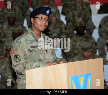 Oberstleutnant Caprissa S. Brown-Slade, ausgehende Commander 21 spezielle Truppen Bataillon, bietet Erläuterungen während der Änderung des Befehls Zeremonie, 13. April 2017, Kleber Kaserne, Kaiserslautern, Deutschland. Stockfoto