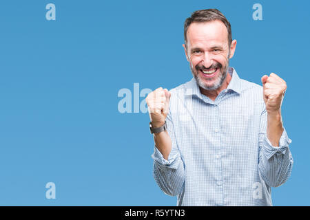 Mittleres Alter hoary Senior Business Mann über isolierte Hintergrund feiern überrascht und für den Erfolg mit erhobenen Armen und offenen Augen überrascht. Sieger conc Stockfoto