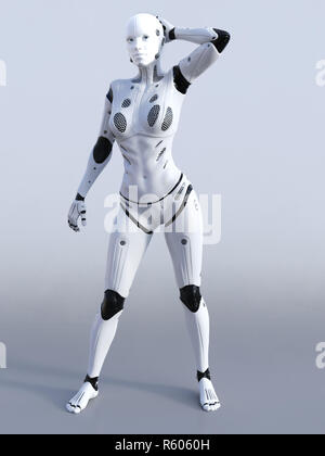 3D-Rendering der weiblichen Roboter posiert. Stockfoto