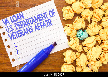 Konzeptionelle Handschrift zeigt Va Darlehen U.S Departament Angelegenheiten der Veteranen. Business Foto text Streitkräfte finanzielle Hilfe. Stockfoto
