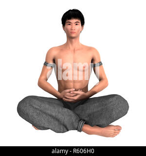 3D-Rendering asiatischer Mann Meditatingl auf Weiß Stockfoto