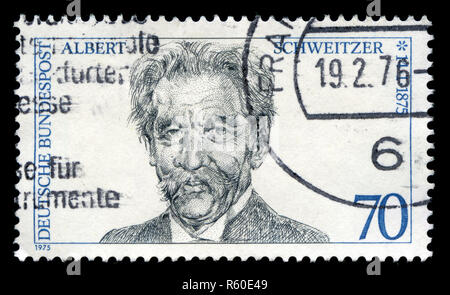 Briefmarke aus der Bundesrepublik Deutschland in der Schweitzer, Dr. Albert (medizinischer Missionar} Serie 1975 ausgestellt Stockfoto