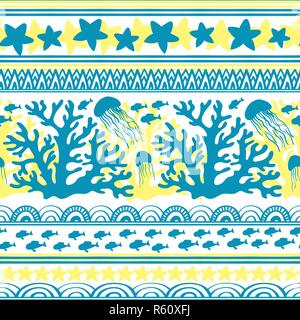Stripe nahtlose Muster mit Meer unterwasser Tiere. Cute cartoon Quallen, Korallen, Seesterne und tropische Fische. Marine Hintergrund für Kinder. Perfekt für Textildruck, Tuch, Design und Stoff Stock Vektor