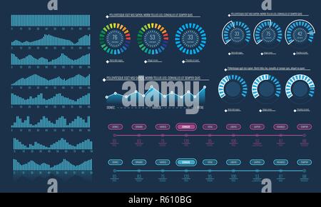 Set intelligenter Technologie HUD-Schnittstelle. Elemente für Network Management Daten Bildschirm mit verschiedenen Tabelle und Diagramm. Illustrierte Vektor. Stock Vektor