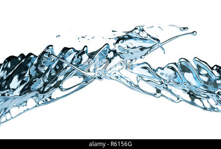Blaues Wasser spritzen auf weißem Hintergrund. 3D-Rendering Stockfoto