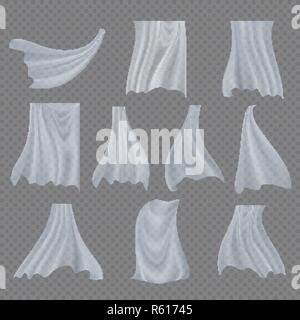 Weißes Tuch Set Vektor. Wabernde klare Curly Vorhang transparente weiße Tuch. Flattern gekrümmte Gewebe aus Seide. Fenster Dekoration. Realistische Material Abbildung Stock Vektor