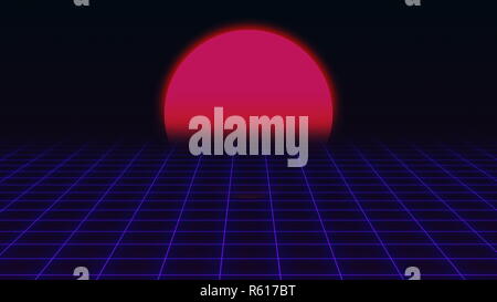 Retro-futuristisch. Grid und den Sonnenuntergang. 80s Retro Sci-Fi-Hintergrund Stockfoto