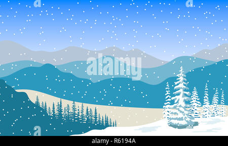 Winterlandschaft mit Silhouetten der Berge, Schnee und Wald bei Sonnenaufgang Stockfoto